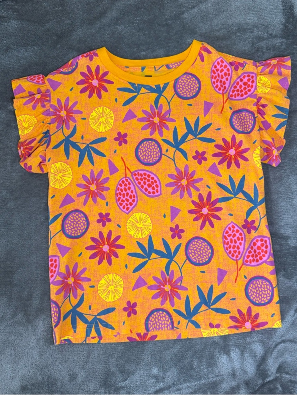 Tea Collection Girls Floral Top Size 6 Bright Orange Ruffle Sleeve NWT